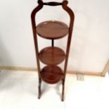 Edwardian mahogany 3 tier cake stand, 92 cm high, 27 cm wide.