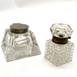 2 x antique glass inkwells with hinged lids - largest 5.5cm high & 7.4cm square base ~ no obvious