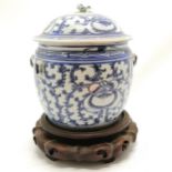 Antique Chinese blue & white pot (with 4 lugs to body) with cover with kylin / qilin finial on a