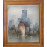 Framed oil painting on canvas of a New York skyline by W Bonsall - frame 70cm x 60cm- Has a tear