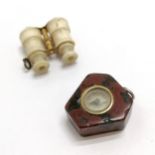 Antique Serpentine compass fob 2.2cm long T/W carved bone binoculars as a fob - no lenses