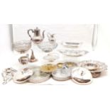 Collection of assorted silver plated items, wine funnel, coffee pot etc.