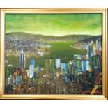 Framed oil painting on canvas of Hong Kong harbour by Matthew Ha - 56cm x 66cm