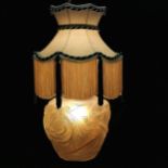 Opalescent glass lamp base decorated with birds of paradise with a Downton Abbey crown lampshade -