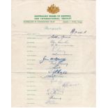 Hand signed 1953 Australian XI Coronation cricket tour players sheet inc Ritchie (Richie) Benaud etc