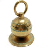 Antique brass inkwell with hinged lid & blue bead detail - 8cm diameter base and has losses to beads