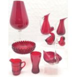 Collection of ruby glassware to include Whitefriars duck and chick figures, large brandy glass, 36