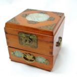 Oriental jewellery box with fitted interior and drawer. Inlaid with carved jade panels- 15cm x