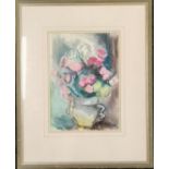 Framed pastel picture of a vase of pink flowers by John Austin-Williams ~ frame 60cm x 48.5cm