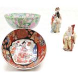 Oriental style fruit bowl, 25 cm diameter, 12 cm high, another and 2 oriental figures, 1 a/f 16 cm