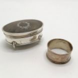 Antique silver tortoiseshell ring box on 4 legs (9cm across & a/f) t/w 830 silver napkin ring ~