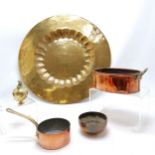 Benares Indian brass tray (58cm), Oriental style inkwell (lacks liner), copper and brass saucepan