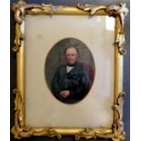 Gilt framed antique oil painting of a seated gentleman - frame 31.5cm x 25.5cm ~ some losses to