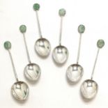 Set of 6 white metal teaspoons set with hand carved Chinese jade detail - 11.5cm long