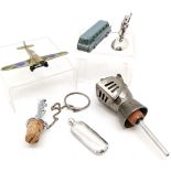 Qty of oddments inc white metal perfume flask (6.5cm), 2 novelty bottle stoppers (golf bag,