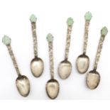 6 x Chinese silver tea spoons with carved jade ends - 9.5cm long & 37g total weight