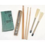 Set of 2 pairs of drumsticks, 1 a/f, pair of drum brushes, t/w silver plated boxed cake knife.
