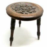 Antique Arts & Crafts 3 legged stool with hand carved detail to top - 27cm diameter x 31cm high ~