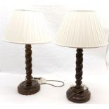 Pair of barley twist turned wooden lamps with shades, 70 cm high, 40 cm diameter shade.