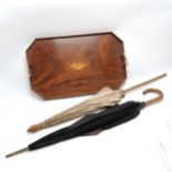 Antique mahogany inlaid tray with 2 brass handles (a/f) - 59cm x 36cm t/w Insonia parasol & umbrella