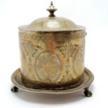 Antique Henry Wilkinson silver plated biscuit box with hinged lid - 17.5cm diameter & has losses