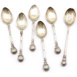 6 x silver teaspoons with golf ball finials (5 by A J Bailey & 1 by Ernest W Haywood (11.6cm)) -