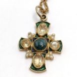 Percossi Papi stone set cross pendant with enamel detail on a gold tone 54cm chain