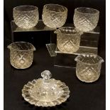 Set of 3 moulded glass finger bowls with set of 3 matching spoon warmers t/w cut glass dish and