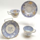 2 x Rockingham Works Brameld antique cups & saucers - smallest saucer 13.8cm diameter & has hairline