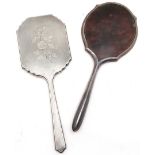 2 x silver marked hand mirrors (1 with tortoiseshell detail - 29cm long) ~ both slight a/f & 493g