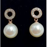 9ct marked rose gold pearl & diamond drop earrings - pearl approx 8.3mm diameter ~ total weight 3.1g