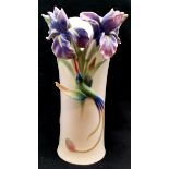 Franz porcelain Bluebird & Iris vase, 23 cm high, 13 cm wide at top, good overall condition.