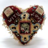 Antique sweetheart pin cushion with silk floral card detail to centre & With Love in pin work - 16cm