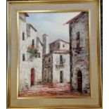 Framed oil painting on canvas of a Mediterranean cobbled street- frame 68.5cm x 59.5cm