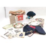 3 Penguin books British military uniforms etc, boxed child's tea set, knitting bag, assortment of