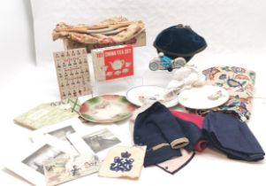 3 Penguin books British military uniforms etc, boxed child's tea set, knitting bag, assortment of