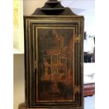 Antique Chinoiserie decorated wall mounted corner cabinet, decorated with pagoda scene, 53 cm