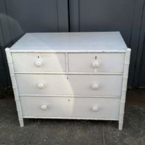 Antique faux bamboo white painted chest of 2 short and 2 long graduated oak lined drawers by