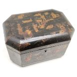 Antique Chinese black & gold lacquer box with original pewter tea caddy cannisters - 26cm x 18cm x