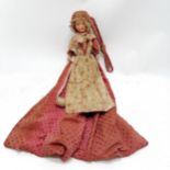 Vintage hand made sewing bag in the form of a girl with a bonnet wearing an apron for holding sewing