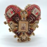 Antique sweetheart pin cushion with bead and military photograph detail - 16cm x 18cm and has slight