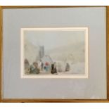 Framed pencil / watercolour of Belgian group of people signed FLB Antwerp & (inscribed under