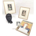Guardian calendar 1900, 3 watercolours of 1920's dressed ladies, 2 framed 1 unframed, t/w wall