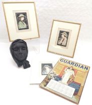 Guardian calendar 1900, 3 watercolours of 1920's dressed ladies, 2 framed 1 unframed, t/w wall