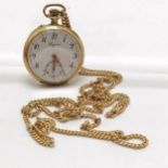 Antique Longines 18ct gold cased fob watch (29mm diameter) on a 18ct marked gold 68cm chain -