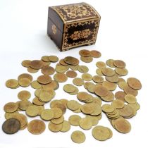 Qty of mostly brass gaming tokens in the form of spade guineas in a cut straw decorated box