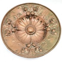 Antique continental large copper charger, with all over floral and fruit decoration. 53 cm diameter,