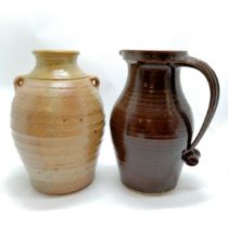 Brown glazed studio art pottery jug / pitcher (26cm) with strap handle & impressed mark to base (