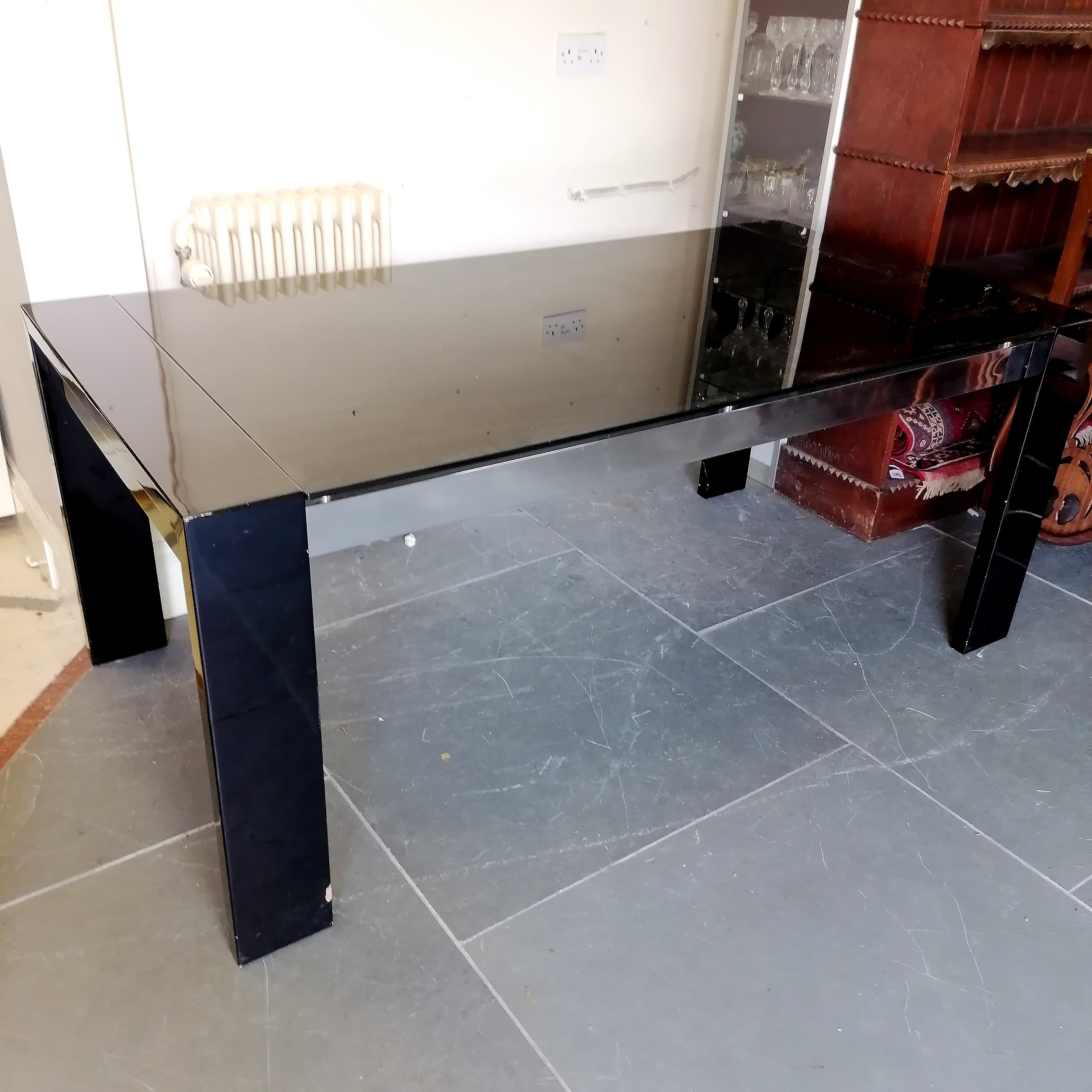 Contemporary black glass topped table, 180 cm wide, 90 cm deep,76 cm deep, Good used condition. - Image 3 of 3