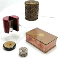 Eastern cylindrical cannister box with blue / red detail (some losses), medicine glass in red